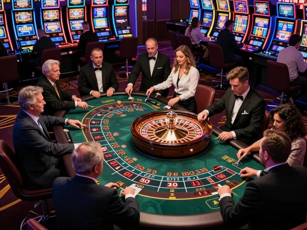 Crowd engaging in various games at vibrant casinos, highlighting casinò stranieri che accettano italiani