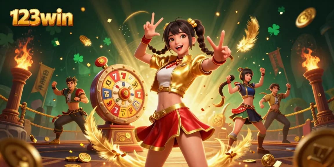 Experience exciting gameplay at 123win with vibrant slot reels, spinning wheels, and colorful confetti.