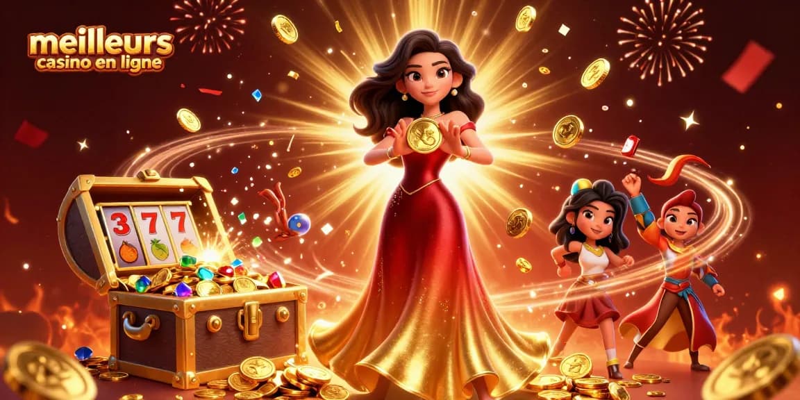 Vivez l'excitation au meilleurs casino en ligne avec une illustration 3D époustouflante d'une femme glamour tenant une pièce d'or au milieu d'une scène de casino vibrante.