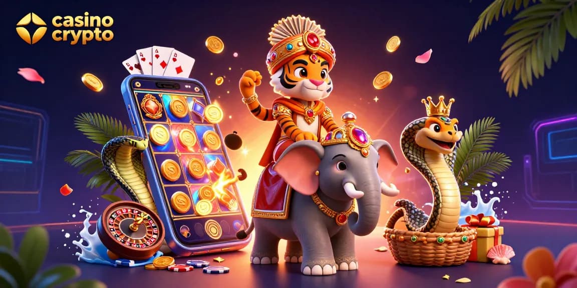 Giocando nel casino crypto con un maharaja tigre e un elefante gioiellato in un'illustrazione 3D dettagliata.