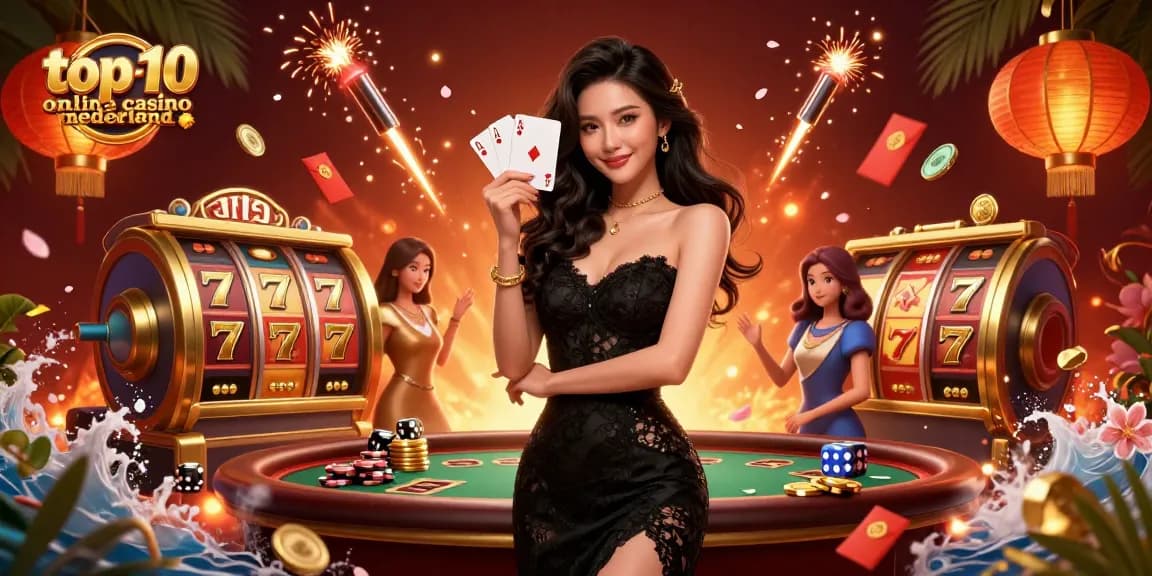 Experience excitement at the top 10 online casino nederland with a glamourous woman holding playing cards.