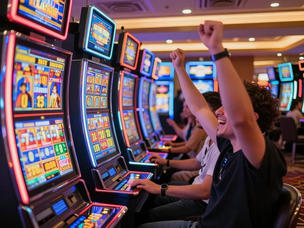 Slot Jepang players winning big at a vibrant casino, lively atmosphere with colorful machines flashing.
