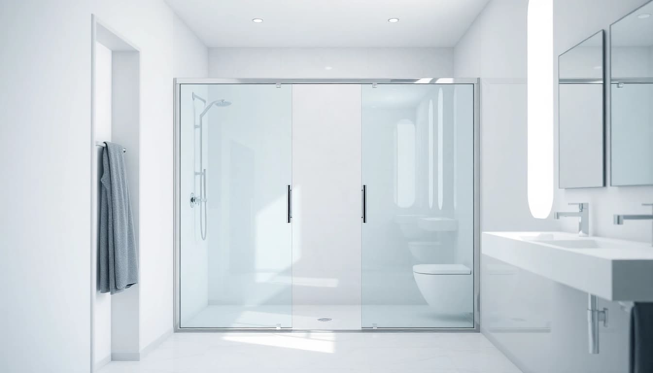 Show shower sliding doors showcasing modern design and elegant finishes in a stylish bathroom.