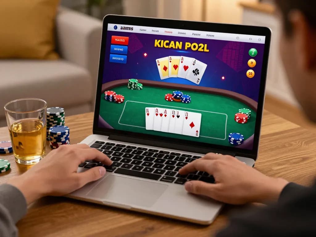Engaged player enjoying casino senza licenza aams poker game on laptop, warm home atmosphere.