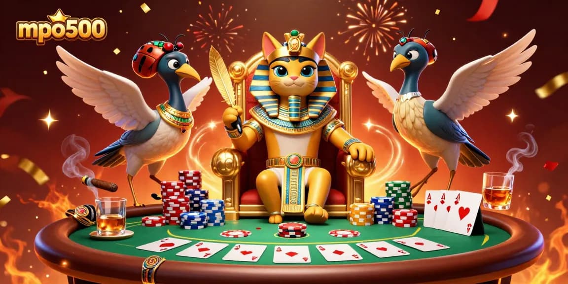 Engage with mpo500 as the Egyptian pharaoh cat and ibis scribe enjoy a thrilling poker game.
