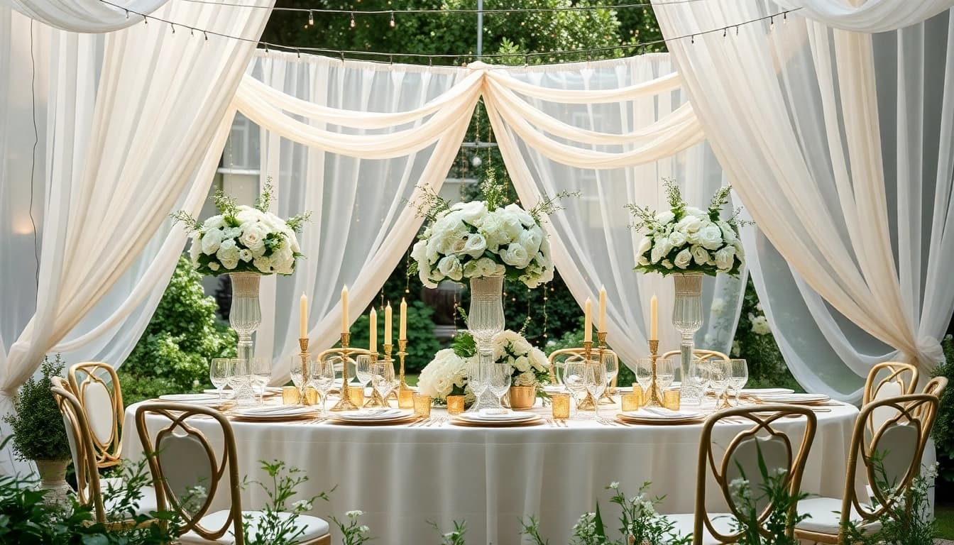 Admire the elegant reception table for Wedding & Event Rentals showcasing floral arrangements and golden details.