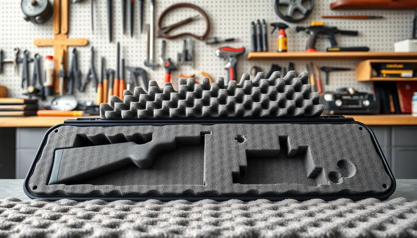 Foam for rifle case showcasing custom cutouts for firearm protection.