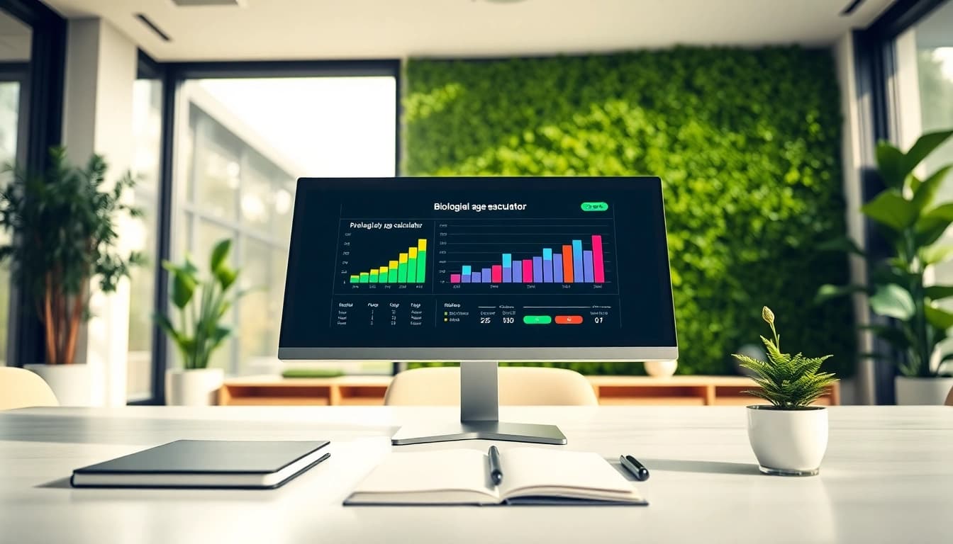 Calculate your biological age using an interactive biological age calculator displayed on a sleek device screen.