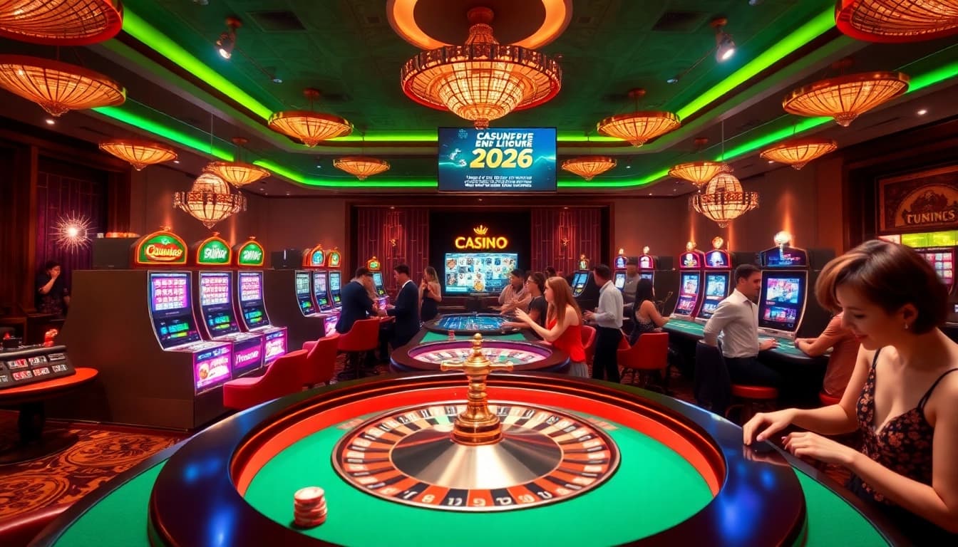 Scène passionnante de casino en ligne 2026 avec table de roulette, joueurs et machines à sous colorées.