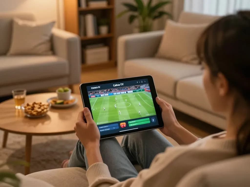 Cakhia TV user enjoying a live football match on a tablet in a cozy home setting, emphasizing online betting convenience
