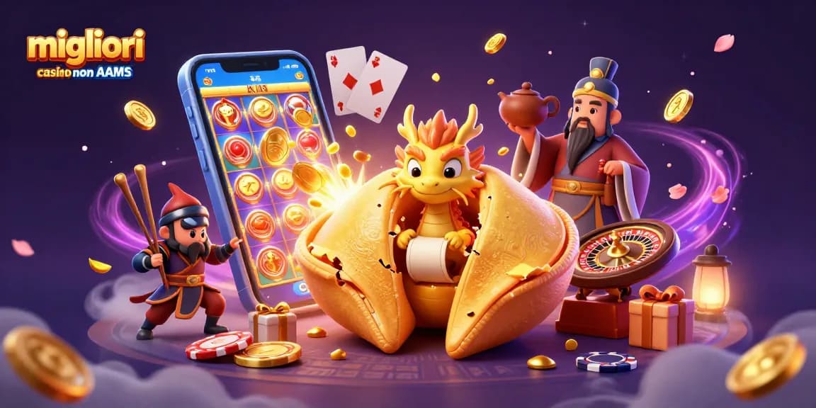 Migliori casino non AAMS con dragone saggio e cookie d'oro in un'illustrazione vibrante e dinamica.