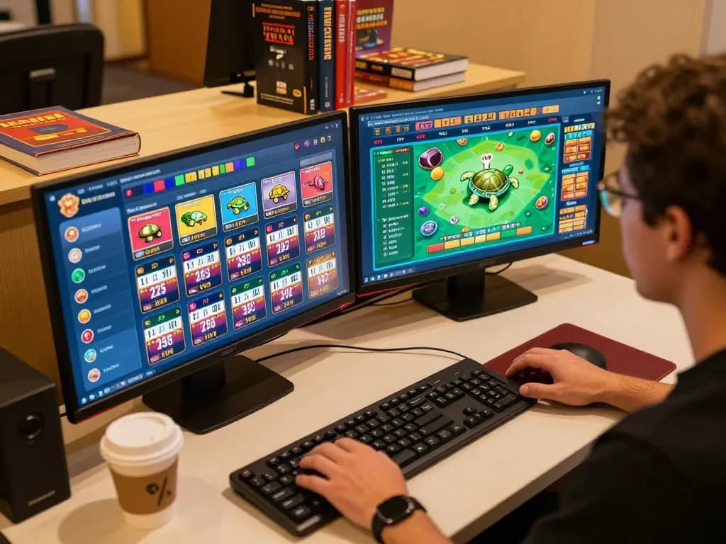 Terlibat dalam toto togel online dengan dua monitor yang menampilkan opsi taruhan berwarna-warni dan pencahayaan ambient