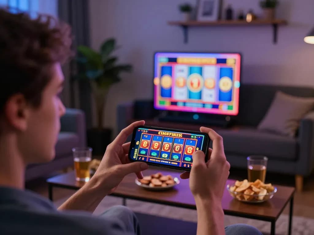 Celebrating a win at 388bet with a smartphone in a cozy home setting while enjoying online gaming.