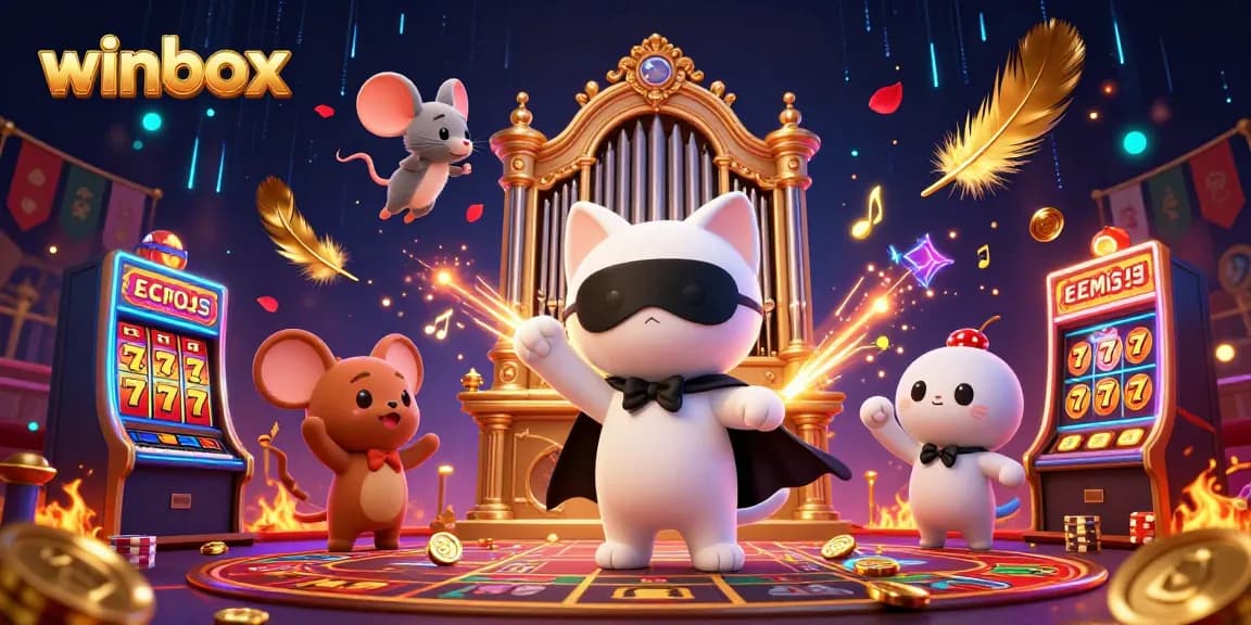 Winbox slots adventure with a phantom cat and acrobatic mouse, showcasing excitement and reward.