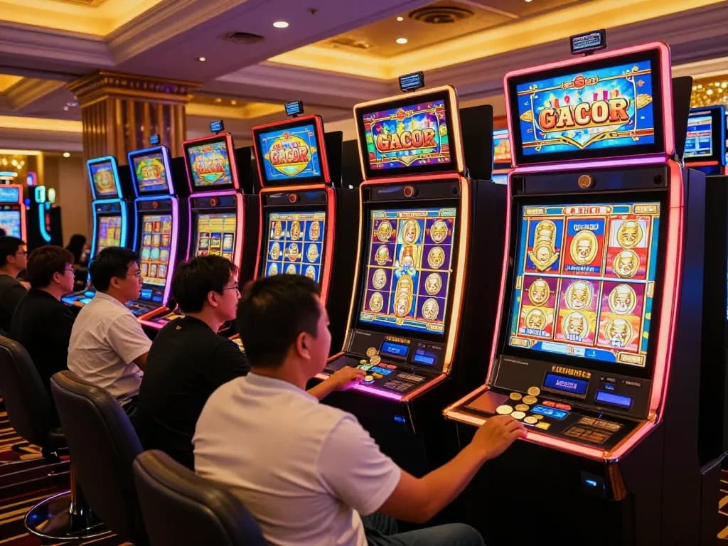Players celebrating a slot gacor winning moment in a lively casino atmosphere as coins fall