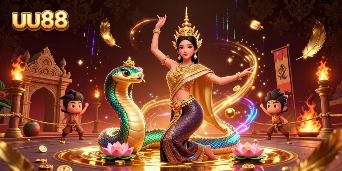 uu88 showcases an Asian woman in traditional attire, dancing alongside a Naga serpent amid a vibrant casino scene.