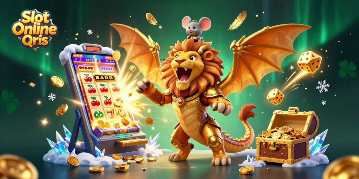 Experience the thrill of Slot Online Qris with a chimeric creature and jackpot symbols in a dynamic casino scene.