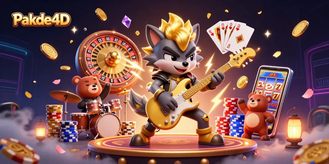 Experience thrilling wins with Pakde4D as rock star characters shred on stage amidst vibrant casino elements.