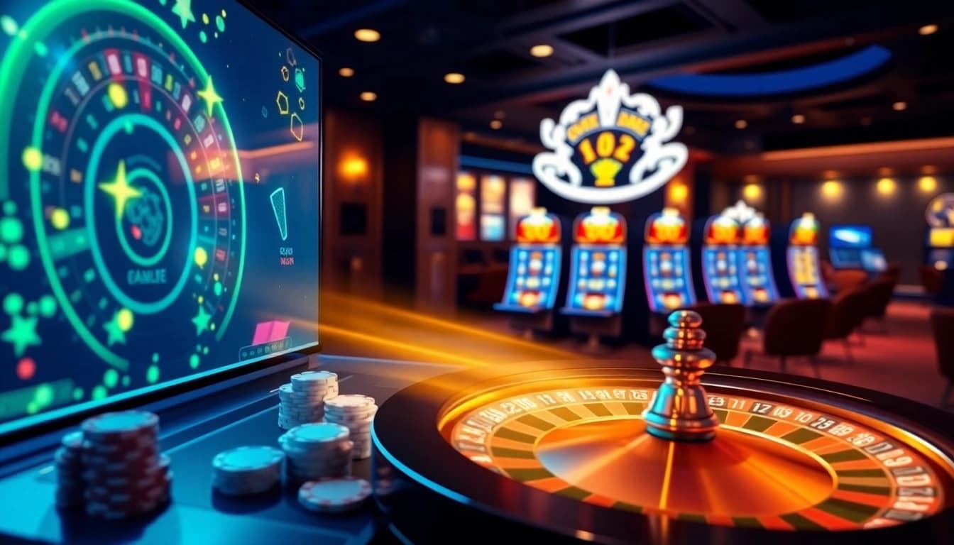 Engaging online casino scene showcasing gtatogel alternatif with spinning roulette and poker action.