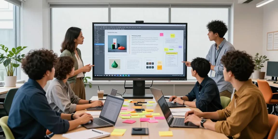 Team brainstorming on a mixboard in a modern office, showcasing AI-driven collaboration.