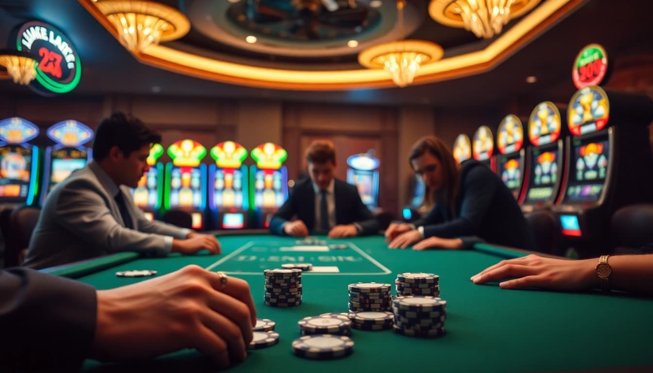 Engage with reddit users at a lively casino poker table illuminated with dramatic lighting.