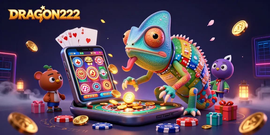 Play exciting games at DRAGON222, featuring dynamic elements of slots and casino action in a vibrant illustration.