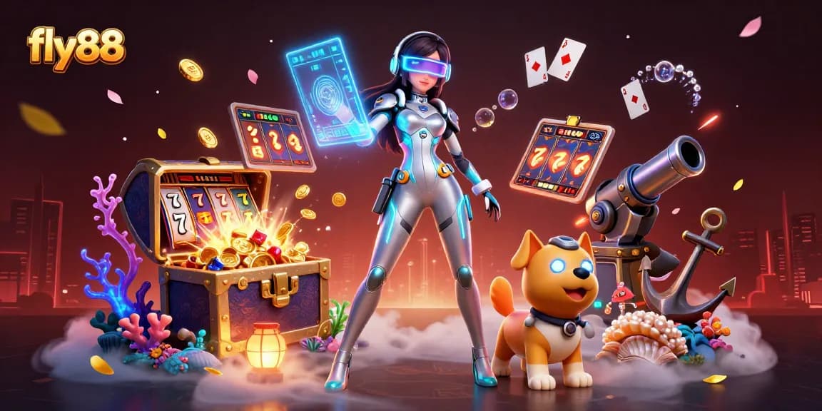 Experience the thrill of fly88's vibrant casino games with slot reels and dynamic holographic interfaces.