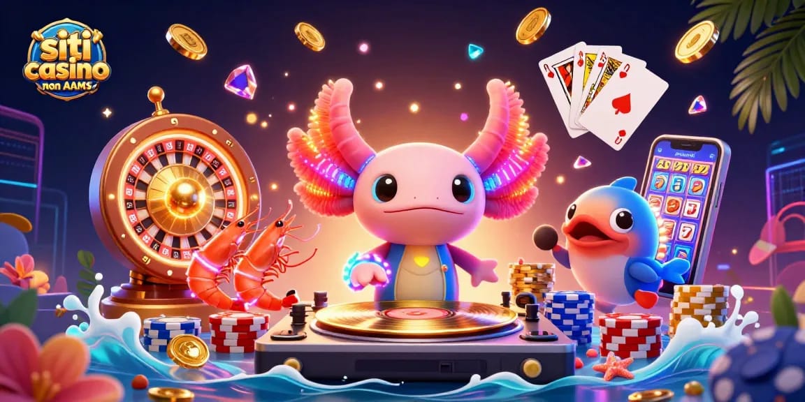 Scopri i siti casino non AAMS con un DJ axolotl neon e divertenti elementi di gioco interattivi.