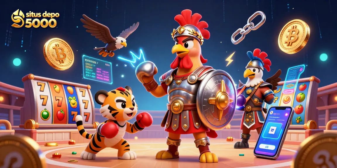 Mainkan situs depo 5000 dengan simbol slot dan elemen keberuntungan dalam ilustrasi menarik ini