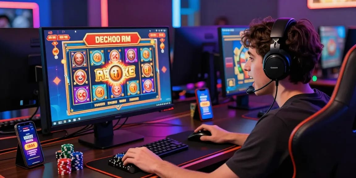 Engaging online gaming setup highlighting a slot deposit 1000 promotion with colorful visuals and gaming accessories.