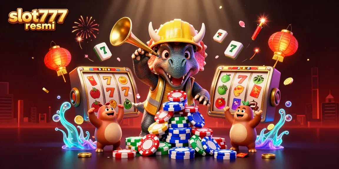 Experience exciting wins with slot777 resmi in this vibrant 3D casino scene featuring dynamic game elements.