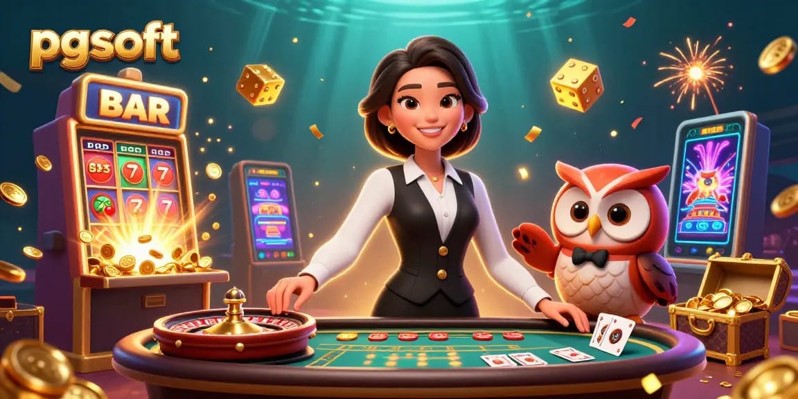 Play pg soft games with a captivating dealer duo showcasing slot excitement and casino thrills.