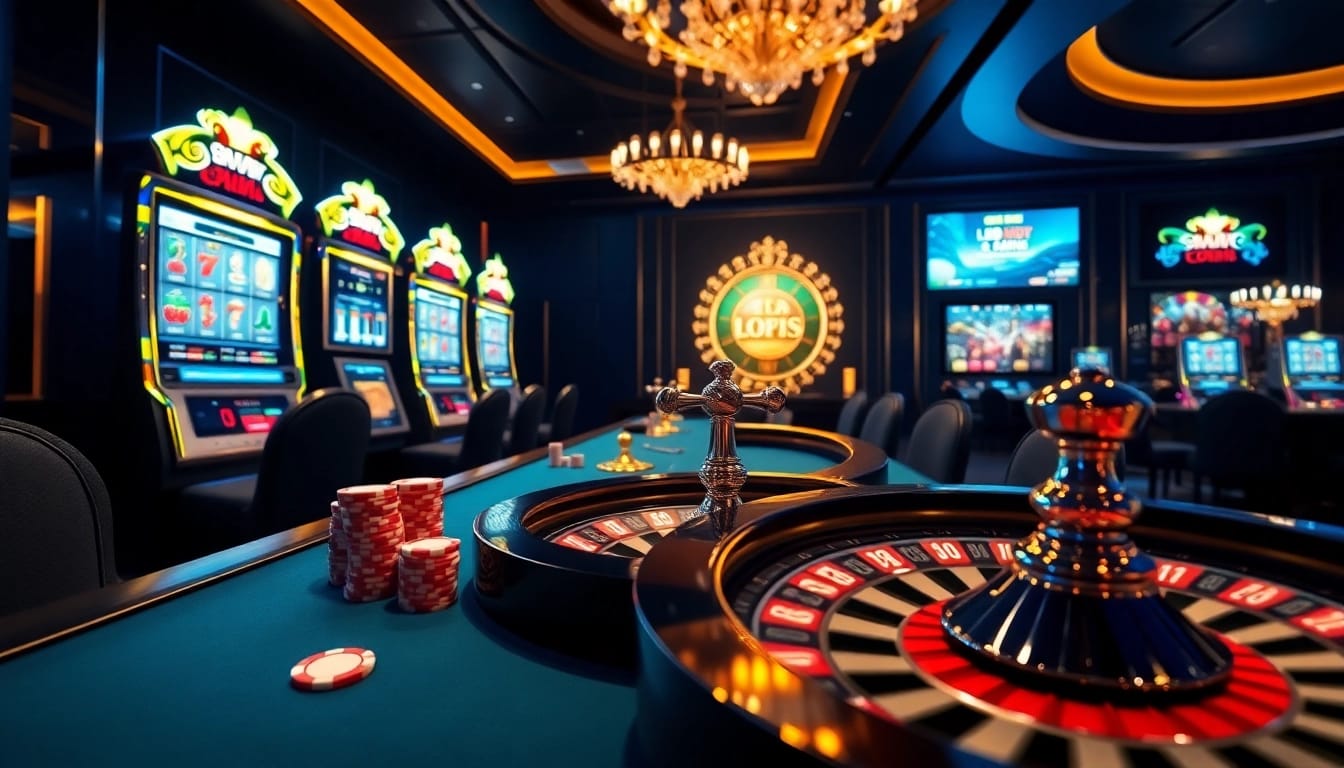 Scène engageante de casino en ligne 2026 avec des tables vibrantes, des jetons et des machines à sous.