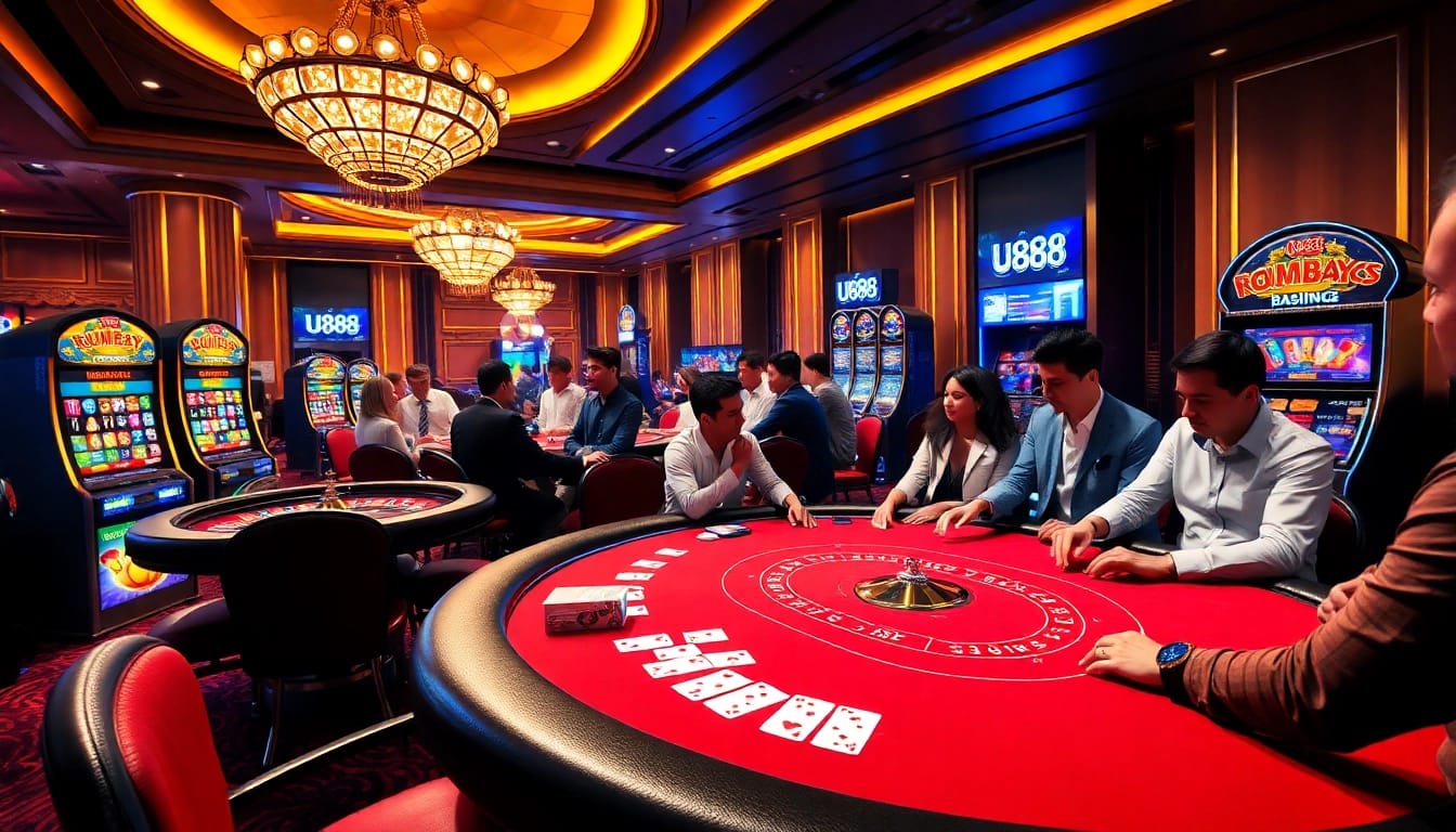 U888 players enjoying thrilling moments at a vibrant casino with poker and slot machines.