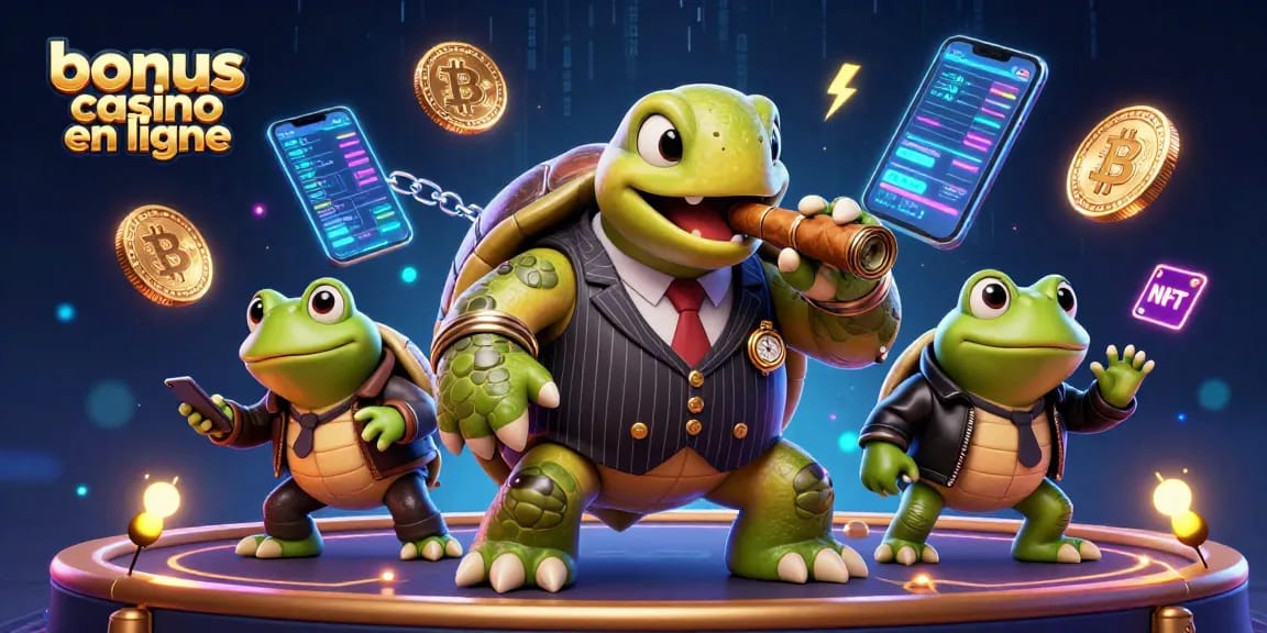 Obtenez un bonus casino en ligne avec cette illustration de tortue et des grenouilles en casino.