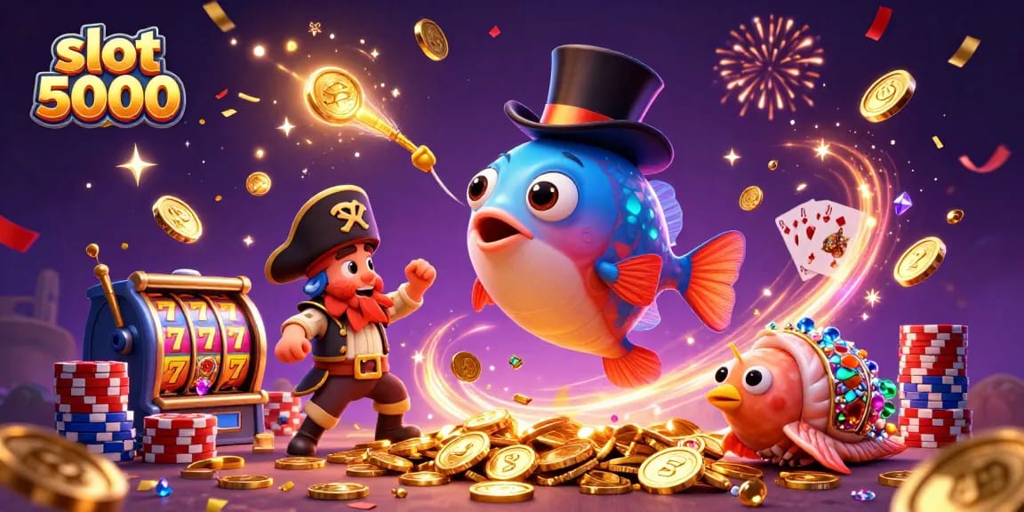 Engage with slot 5000's dynamic casino experience, featuring cartoon characters amidst sparking gems and golden coins.