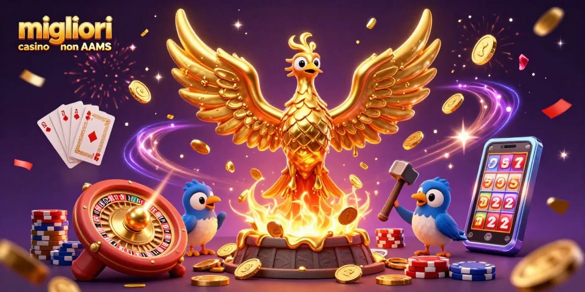 Scopri i migliori casino non AAMS con questa illustrazione che cattura un falco di fuoco e giochi d'azzardo emozionanti.