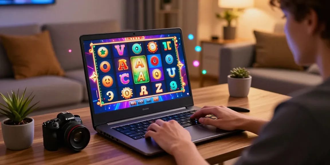 Engaging with non UK slots on a sleek gaming laptop in a vibrant home setup.