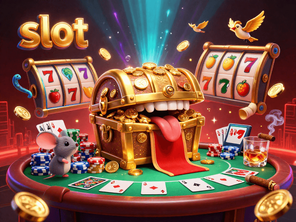 Spin the slot reels surrounded by a treasure chest and rich casino elements in this vibrant 3D illustration.