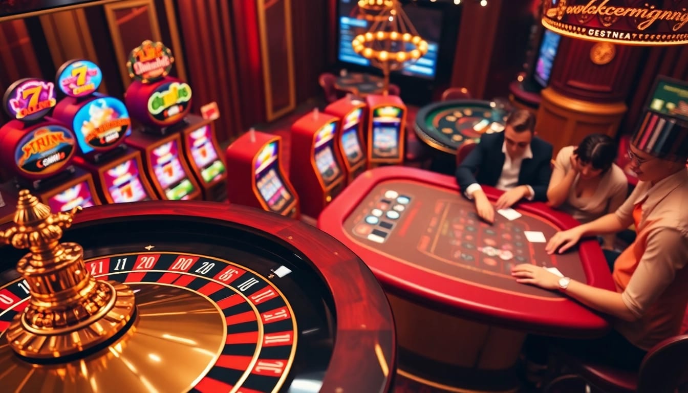 Excitant casino en ligne 2026 avec des tables de jeu vibrantes, une roue de roulette, et des joueurs profitant de leur expérience de jeu.