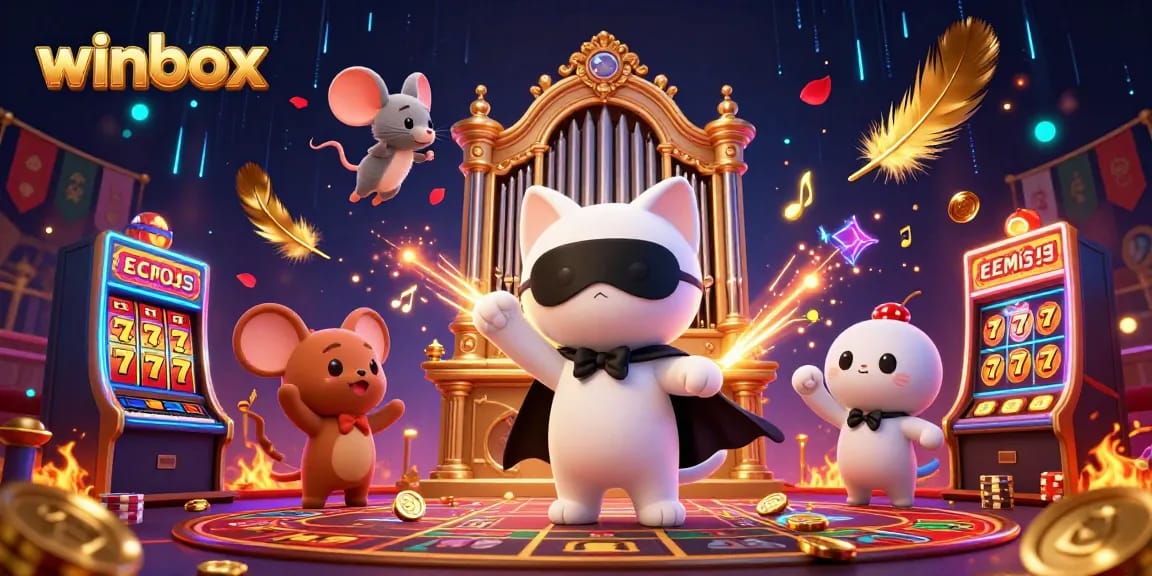 Winbox slots adventure with a phantom cat and acrobatic mouse, showcasing excitement and reward.