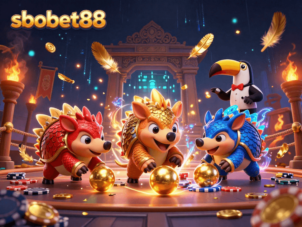 Engage with sbobet88 in a thrilling scene featuring competitive pangolins and vibrant casino elements.