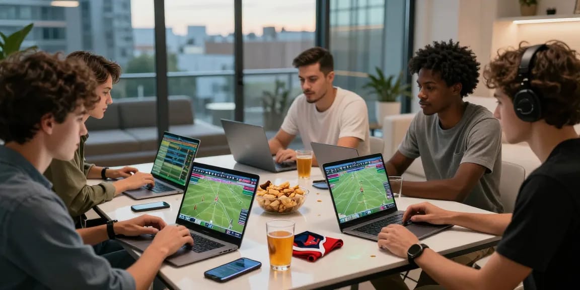 Friends engaging in sports betting, reading more about games in a lively setting.