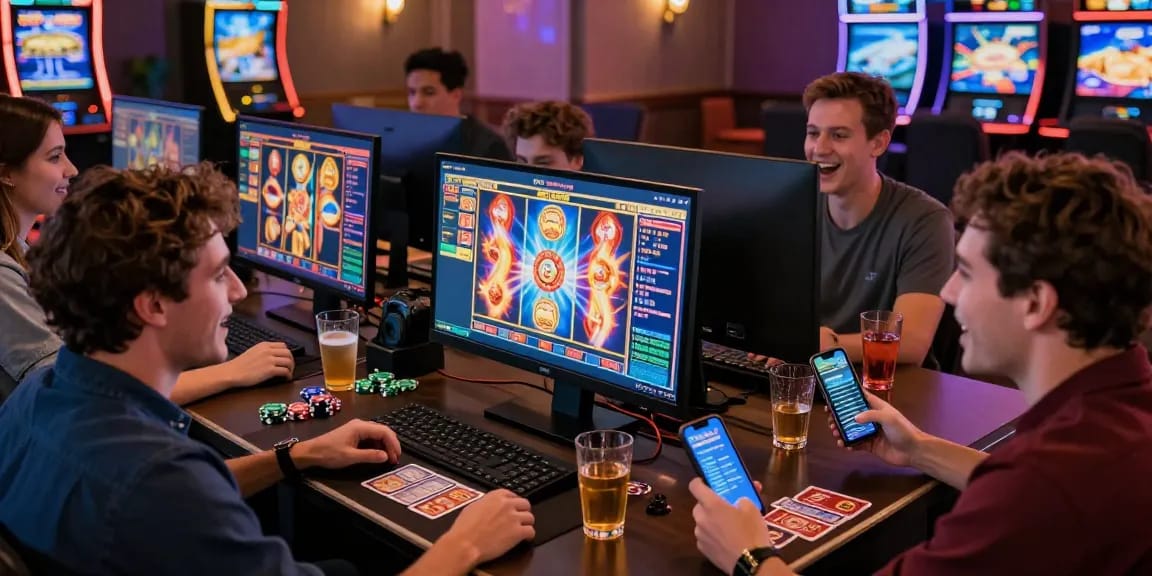 Friends playing online slot games in a vibrant gaming scene