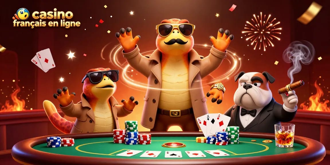 Jouez au casino français en ligne avec des raptors dans un trench coat dans une scène dynamique de jeux de poker.