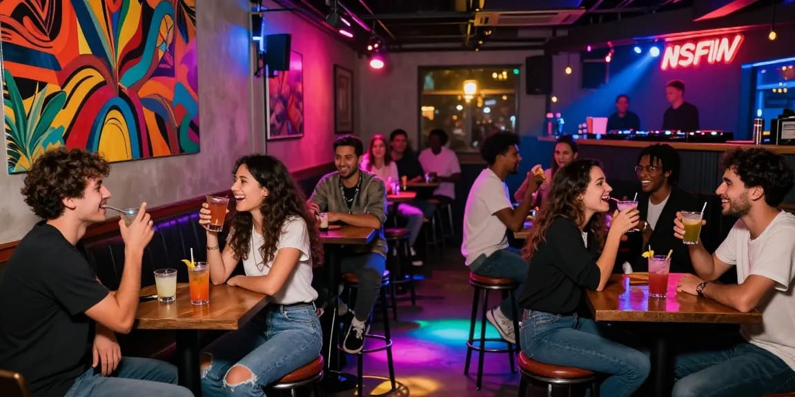 Group enjoying a vibrant bar atmosphere showcasing NSFW nightlife energy with neon lights and drinks.