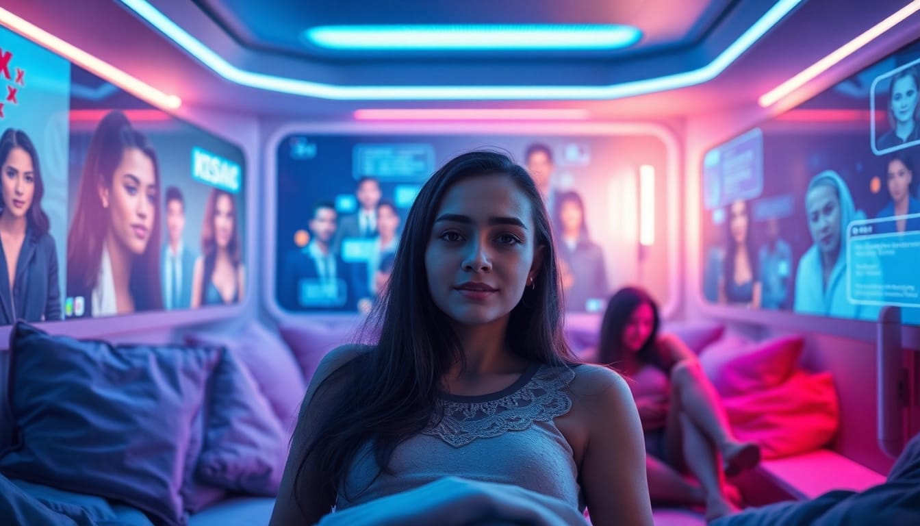Engaging scene of a user interacting with a virtual partner through advanced sex ai technology in a cozy, modern setting.