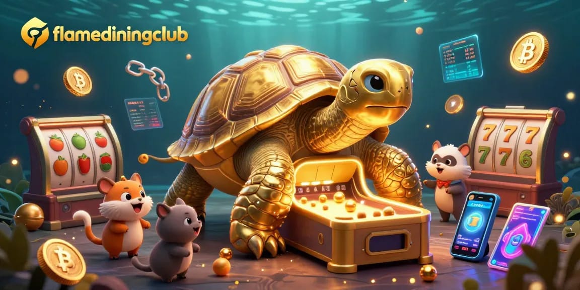 Spin and win at flamediningclub with vibrant slot symbols and golden tortoise in action.