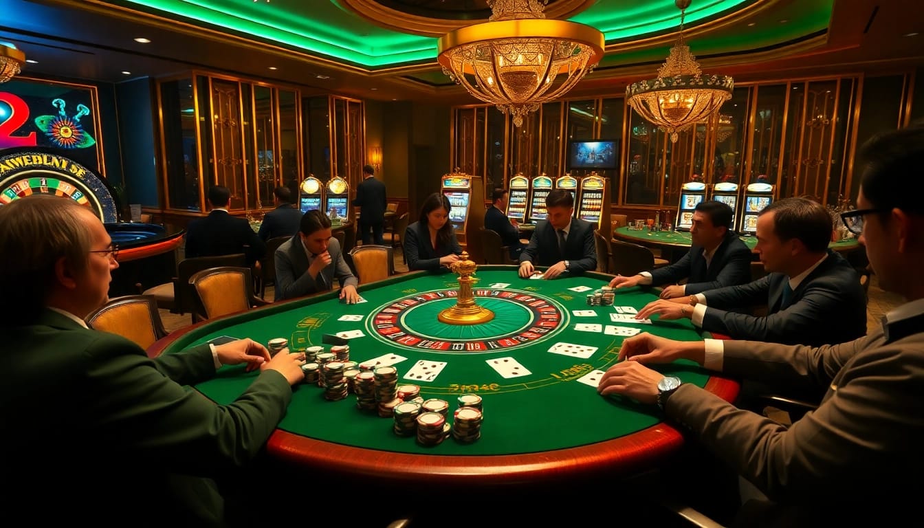 Des joueurs occasionnels vivant l'excitation à une table de poker de casino en ligne 2026, mettant en valeur des jetons et des cartes vibrants.