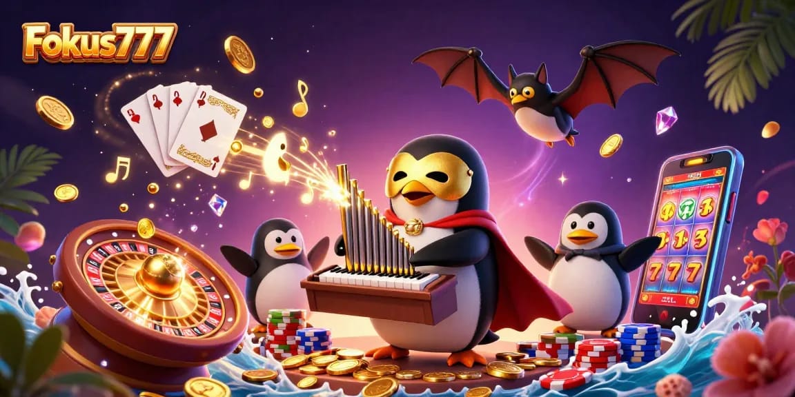 Experience thrilling gameplay with Fokus777's dynamic casino scene filled with vibrant characters and energy.